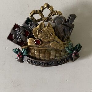 Signed KC Vintage 1980-90s 2 Tone Enamel Cat Basket Christmas Pin/Brooch
